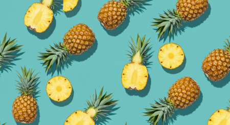 Seamless pattern with pineapple and slices on blue background. Minimal summer concept.