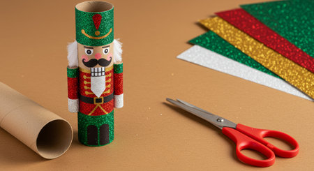 Christmas decoration with Christmas tree, gift wrapping paper and scissors