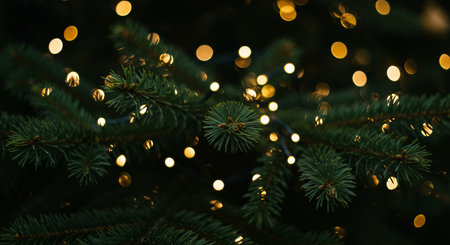 Christmas background with bokeh defocused lights and fir tree branches