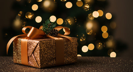 Golden gift box with bow on bokeh christmas background.の写真素材