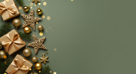 Christmas background with decorations and gift boxes. Top view with copy space