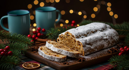 Christmas stollen cake with dried fruits and icing sugar on wooden background
