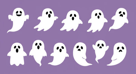 Set of white ghosts isolated on a purple background. Vector illustration.