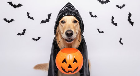 Cute golden retriever dog in halloween costume with pumpkin and bats on white backgroundの写真素材