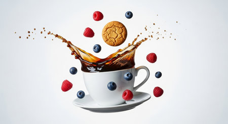 Cup of coffee with falling berries and cookies on white background. Mixed mediaの写真素材