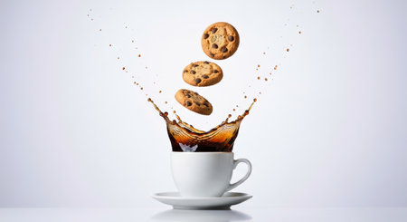 Coffee splash with cookies in white cup on white background.