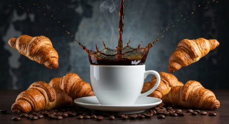 Cup of coffee with croissants and coffee beans on dark backgroundの写真素材