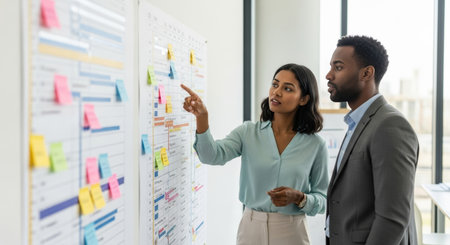African american businesswoman pointing at sticky notes on whiteboard in officeの素材