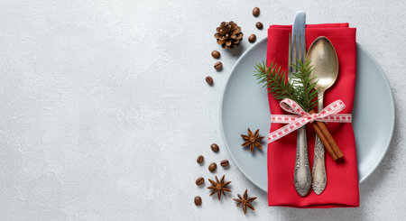 Christmas table setting with red napkin and silverware on white stone background. Top view with copy space.の写真素材