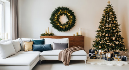 Christmas living room interior with decorated Christmas tree, sofa and armchairの写真素材
