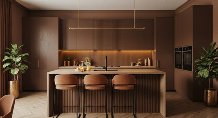 Interior of modern kitchen with brown walls, wooden floor, wooden cupboards and bar with stools. 3d...