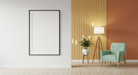 Interior of modern living room with white walls, wooden floor, green armchair and vertical mock up poster frame. 3d renderingの写真素材