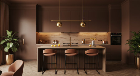 Kitchen interior with wooden walls, wooden floor, beige countertops, cupboards and wooden bar with stools. 3d renderingの写真素材