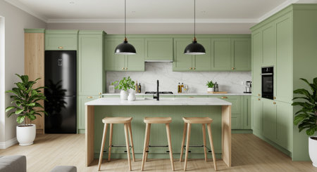 3d Illustration of green modern kitchen in a house with a beautiful designの写真素材