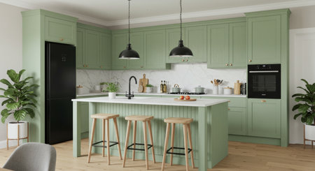 3d Illustration of green modern kitchen in a house with a beautiful designの写真素材