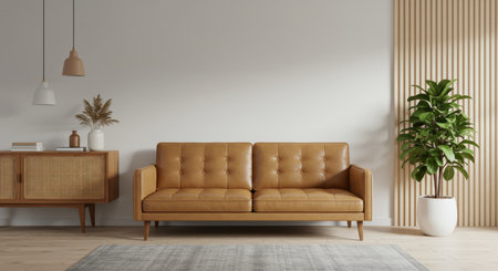 Interior of modern living room with brown sofa. 3d render