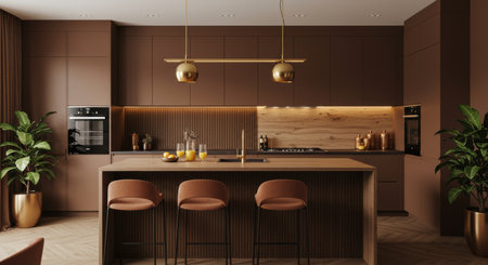 3d rendering of modern kitchen in a luxury house with brown walls