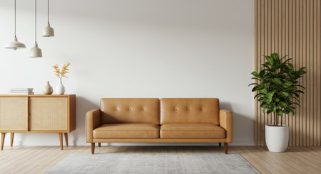 Interior of modern living room with brown sofa 3d render illustration