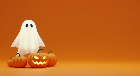 Halloween ghost and pumpkins on orange background. 3d renderの写真素材