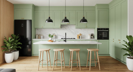 3d Illustration of green modern kitchen in a house with a beautiful designの写真素材