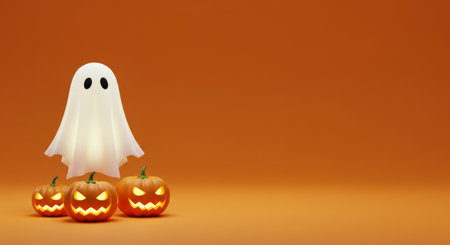 Halloween background with ghost and pumpkins. 3D rendering.の写真素材
