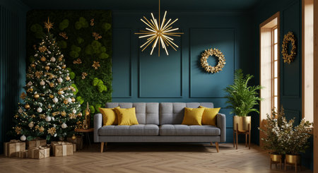 Christmas living room interior with christmas tree and sofa 3D renderingの写真素材