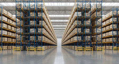 Large warehouse with rows of shelves and pallets. 3d renderingの写真素材