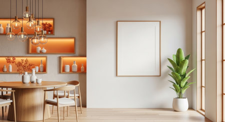 Interior of modern dining room with white walls, wooden floor, long wooden table with chairs and...