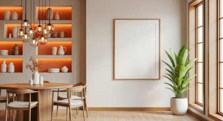 Interior of modern dining room with white walls, wooden floor, round wooden table with chairs and vertical mock up poster frame. 3d renderingの写真素材