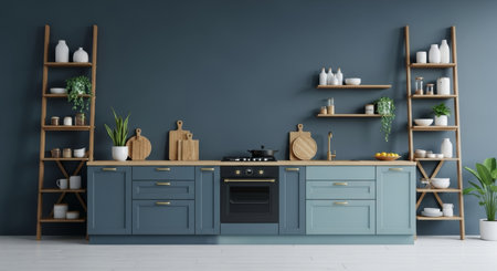 3d rendering of a blue modern kitchen in a scandinavian styleの写真素材