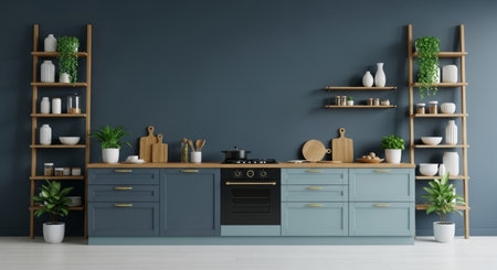 Kitchen with blue walls, wooden shelves and green plants - 3d rendering