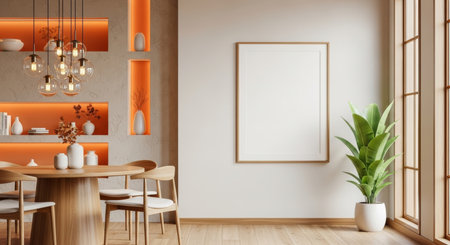 Interior of modern dining room with orange walls, wooden floor, round wooden table with orange chairs and vertical mock up poster frame. 3d renderingの写真素材
