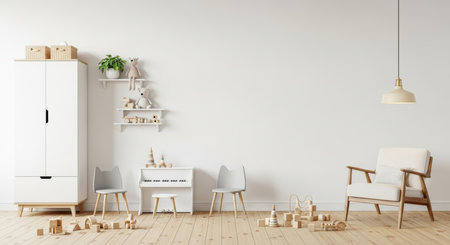 Interior of modern living room with white walls, wooden floor, white armchair and shelf with toys.の写真素材