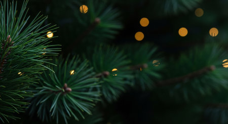 Christmas tree branches with bokeh lights. Christmas and New Year background