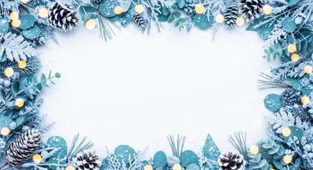 Christmas background with fir branches, pine cones, blue berries and lights. Top view with copy spaceの写真素材