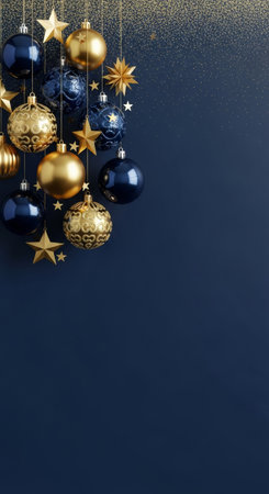 Blue and golden christmas baubles on a dark blue backgroundの写真素材