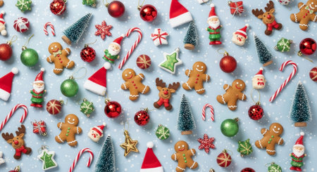 Christmas background with gingerbread cookies, Santa Claus, candy canes and snowflakes on blueの写真素材