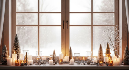 Christmas decoration with candles, fir trees and snowflakes on windowsillの写真素材
