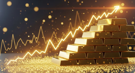 Gold bars and candlestick chart on a dark background. 3d renderingの写真素材