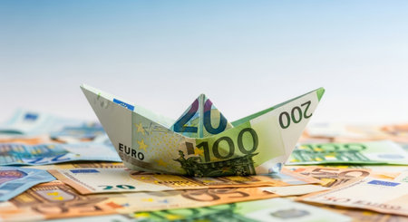 Paper boat on the background of euro banknotes. Business concept.の写真素材