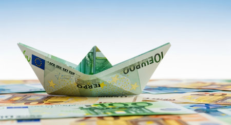 Money origami boat on euro banknotes. Business and finance conceptの写真素材