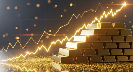 Gold bars with financial chart on dark background. 3D Renderingの写真素材