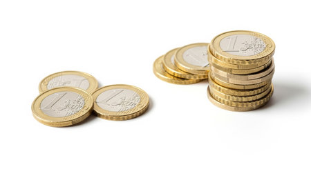 Euro coins isolated on white background. Close up. Studio shot.の写真素材
