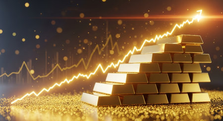 Gold bars graph on a dark background. 3d rendering toned imageの写真素材