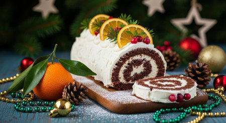 Christmas roll cake with cream cheese and citrus on a wooden background.の写真素材