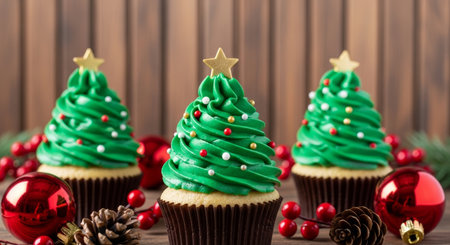 Christmas cupcakes with red and green decoration on wooden background, closeupの写真素材