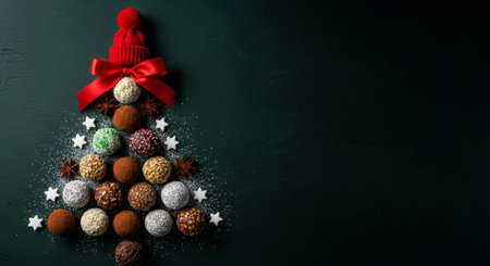 Christmas tree made of chocolate candies, nuts and spices on a dark background