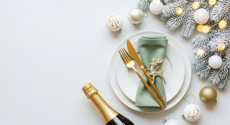 Christmas table setting with fir tree, golden cutlery and champagne on white background. Flat lay, top view, copy spaceの写真素材