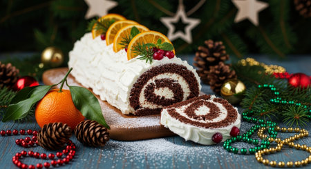 Christmas cake roll with cream and chocolaterated with fir branches and orangesの写真素材