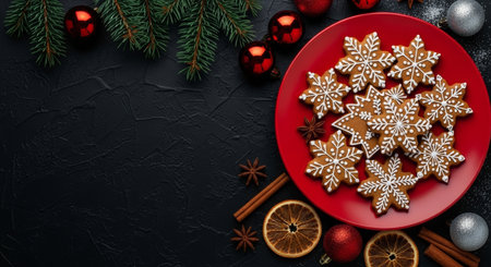 Christmas gingerbread cookies on a red plate on a black background, top view